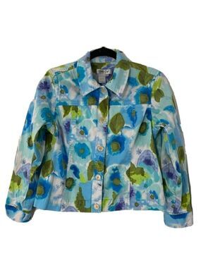Coldwater Creek Blue Floral Stretch Blazer Watercolor Buttons Sz Petite Medium
